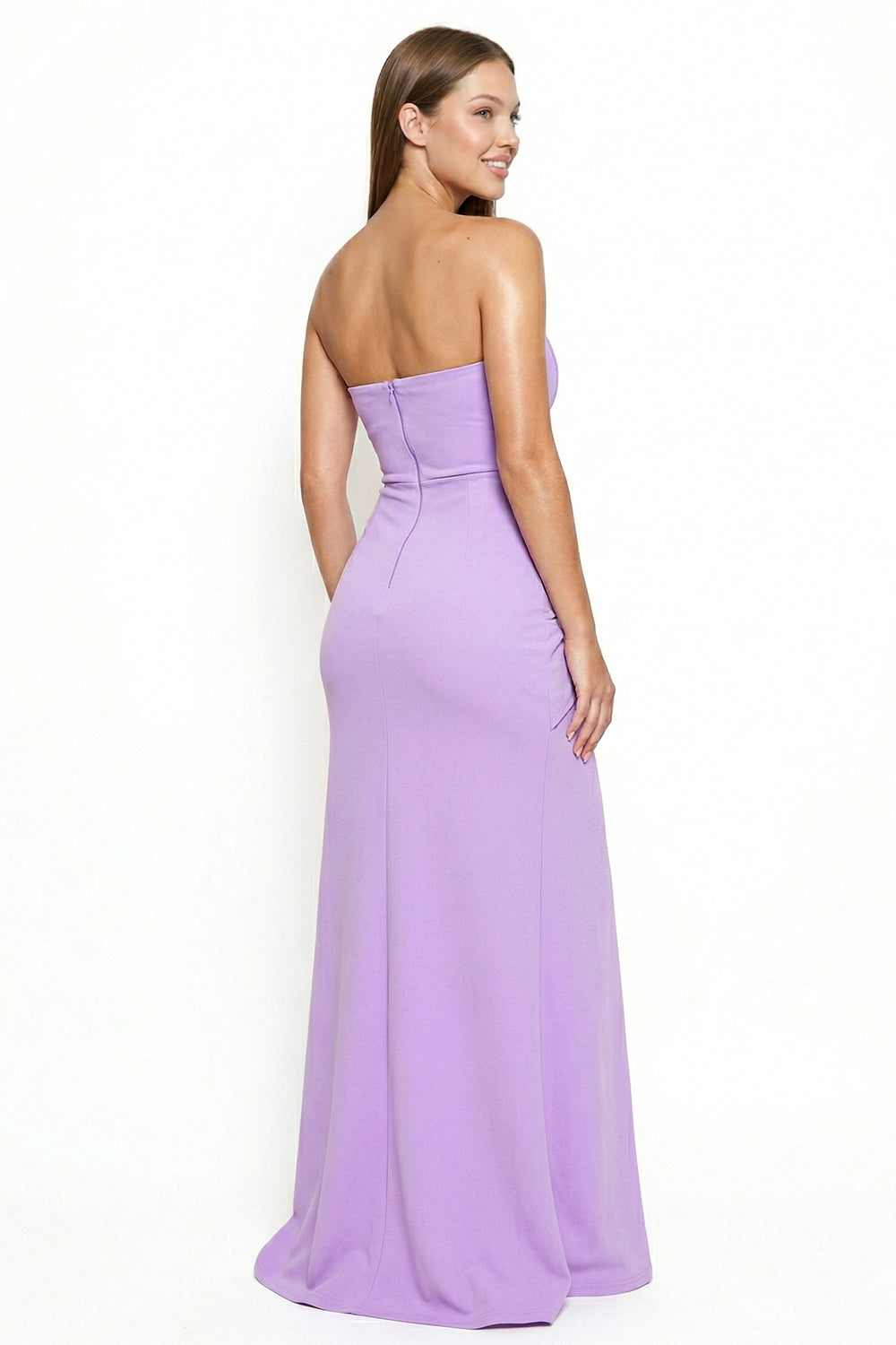 Burgundy glitter strapless corset prom dress with a high-slit wrap skirt, perfect for formal evening occasions.