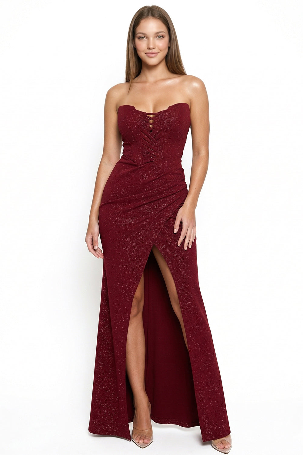 Burgundy shimmer strapless evening gown with corset lace-up bodice and high-slit wrap skirt. Boutinie formal dress.
