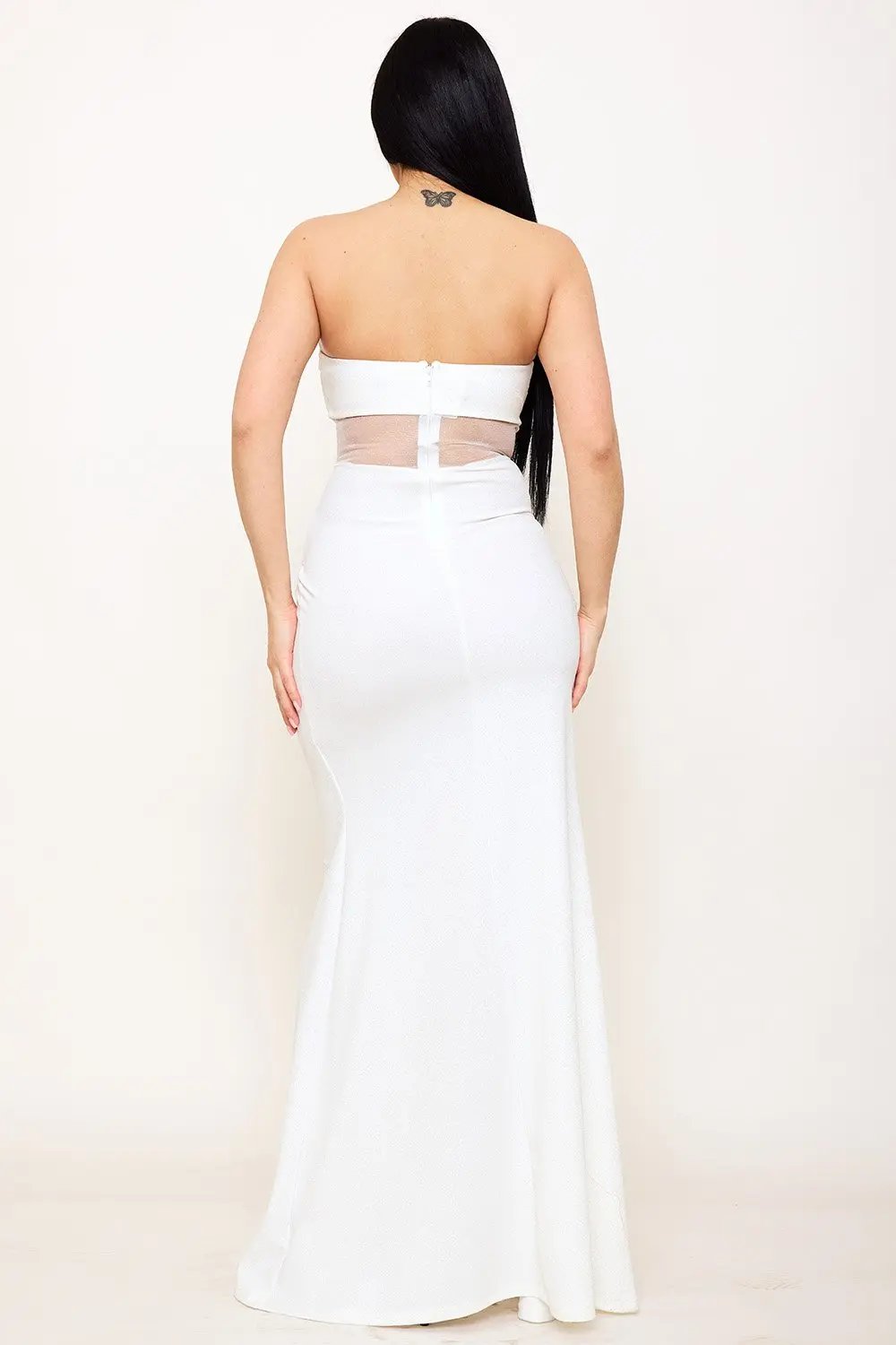 Glittered Mesh Maxi Dress – Pleated Tube Top Gown With Sheer Waist BOUTINIE