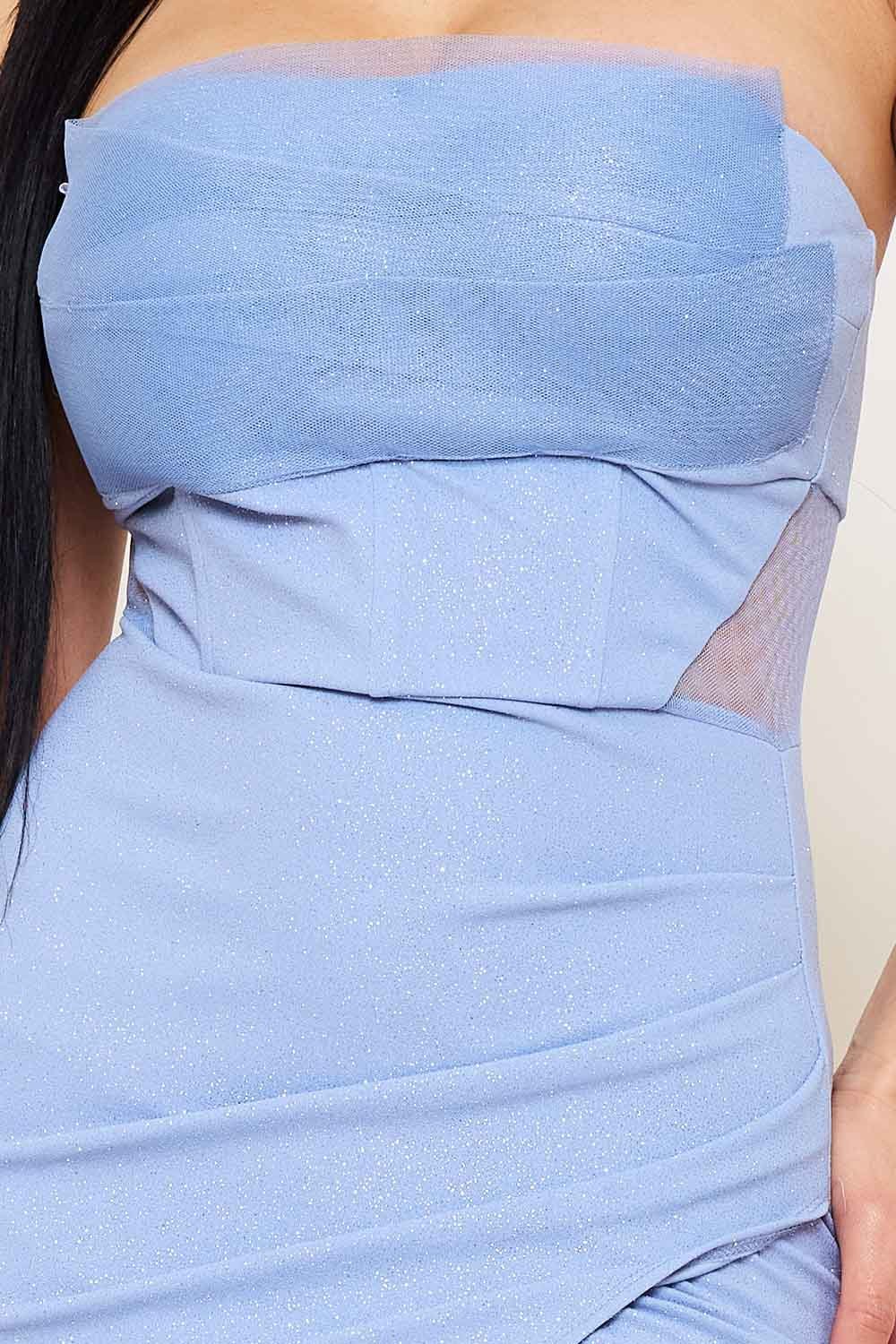 Glittered Mesh Maxi Dress – Pleated Tube Top Gown With Sheer Waist BOUTINIE