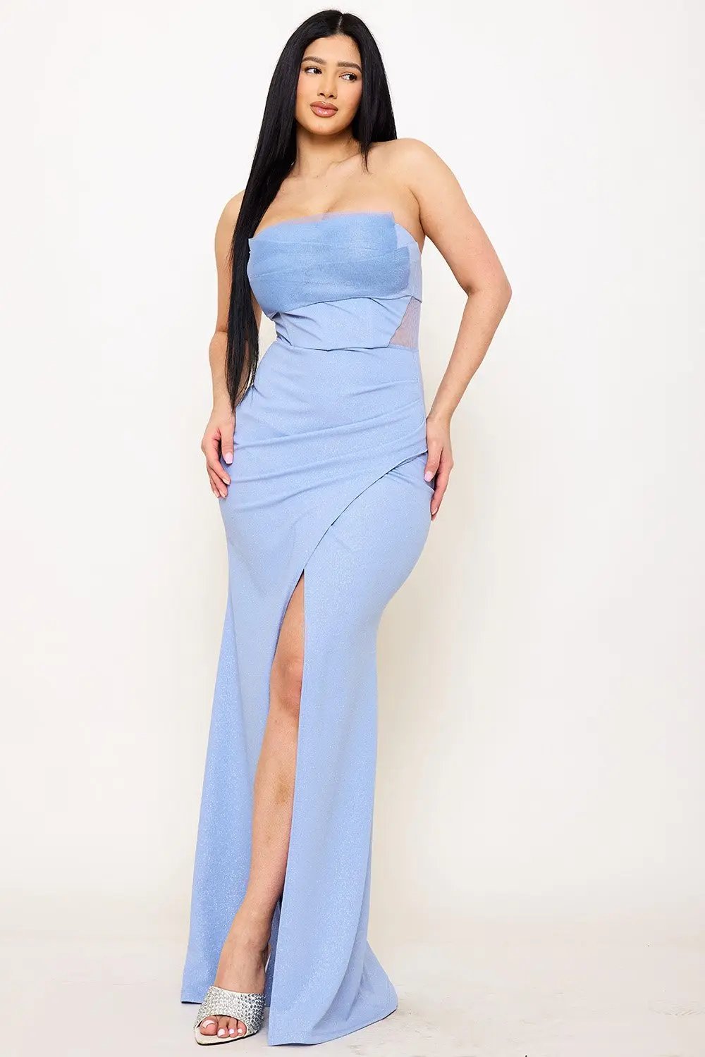 Glittered Mesh Maxi Dress – Pleated Tube Top Gown With Sheer Waist BOUTINIE