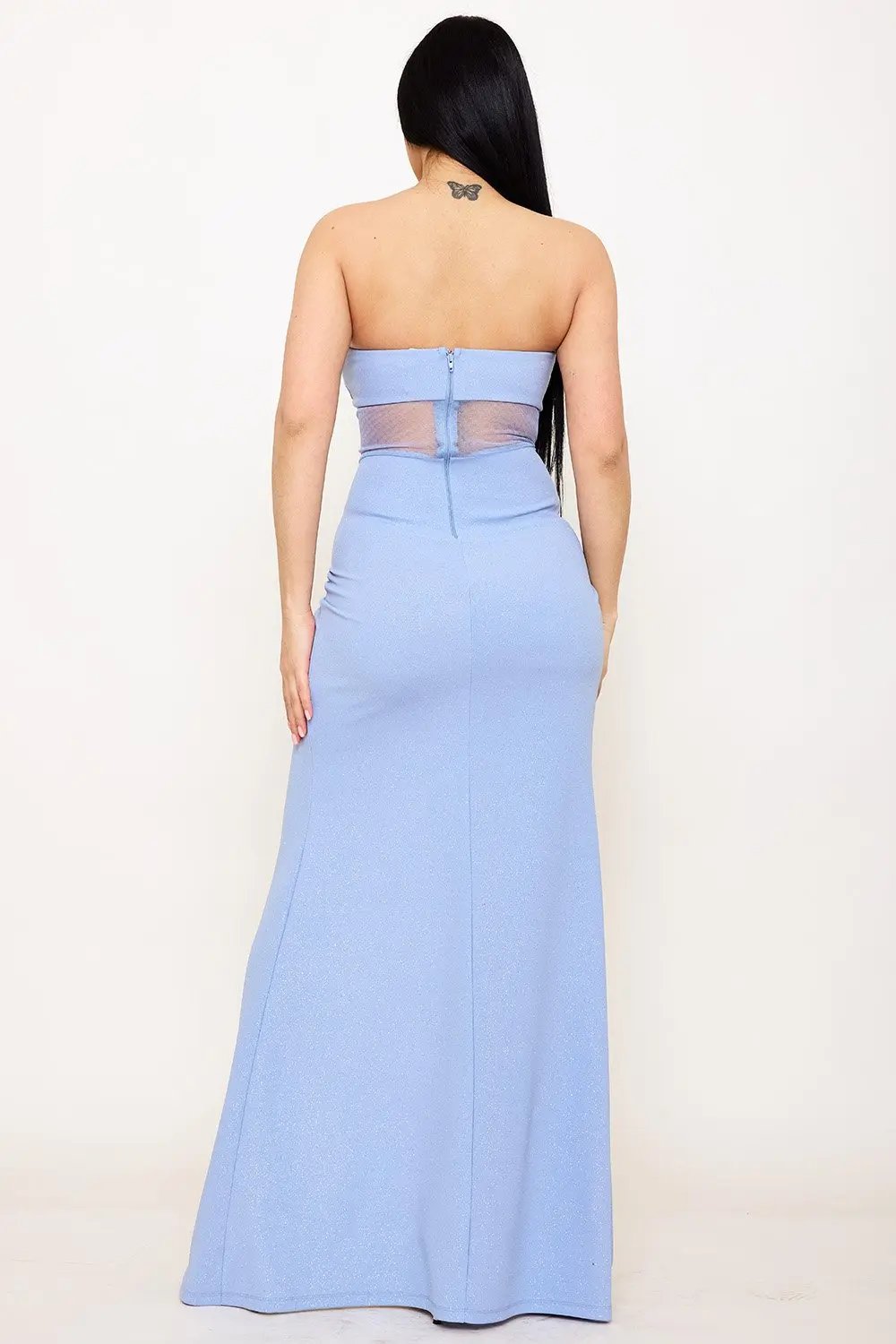 Glittered Mesh Maxi Dress – Pleated Tube Top Gown With Sheer Waist BOUTINIE