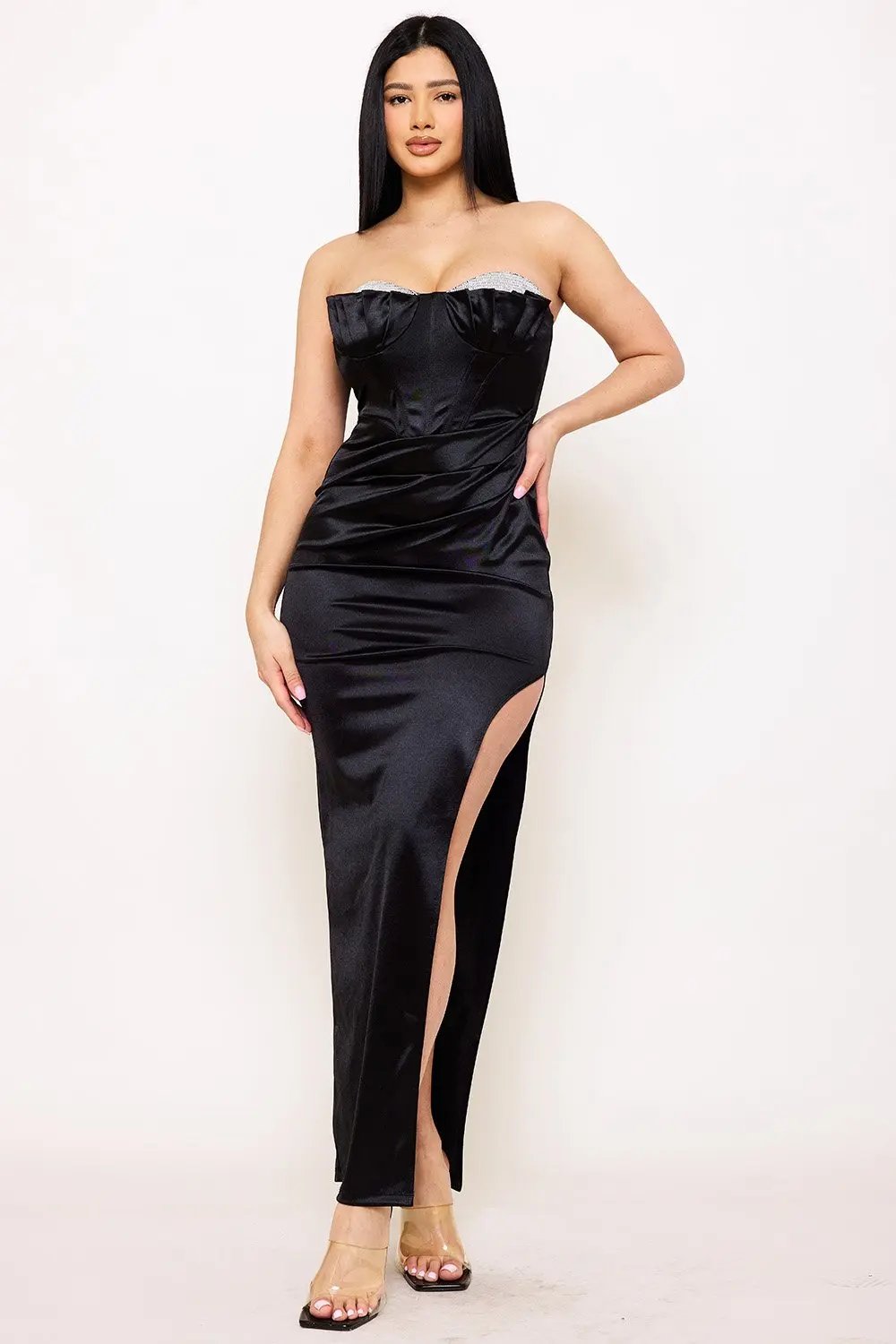 Rhinestone Satin Maxi Dress – Pleated Cup Evening Gown With Boning Waist Detail BOUTINIE