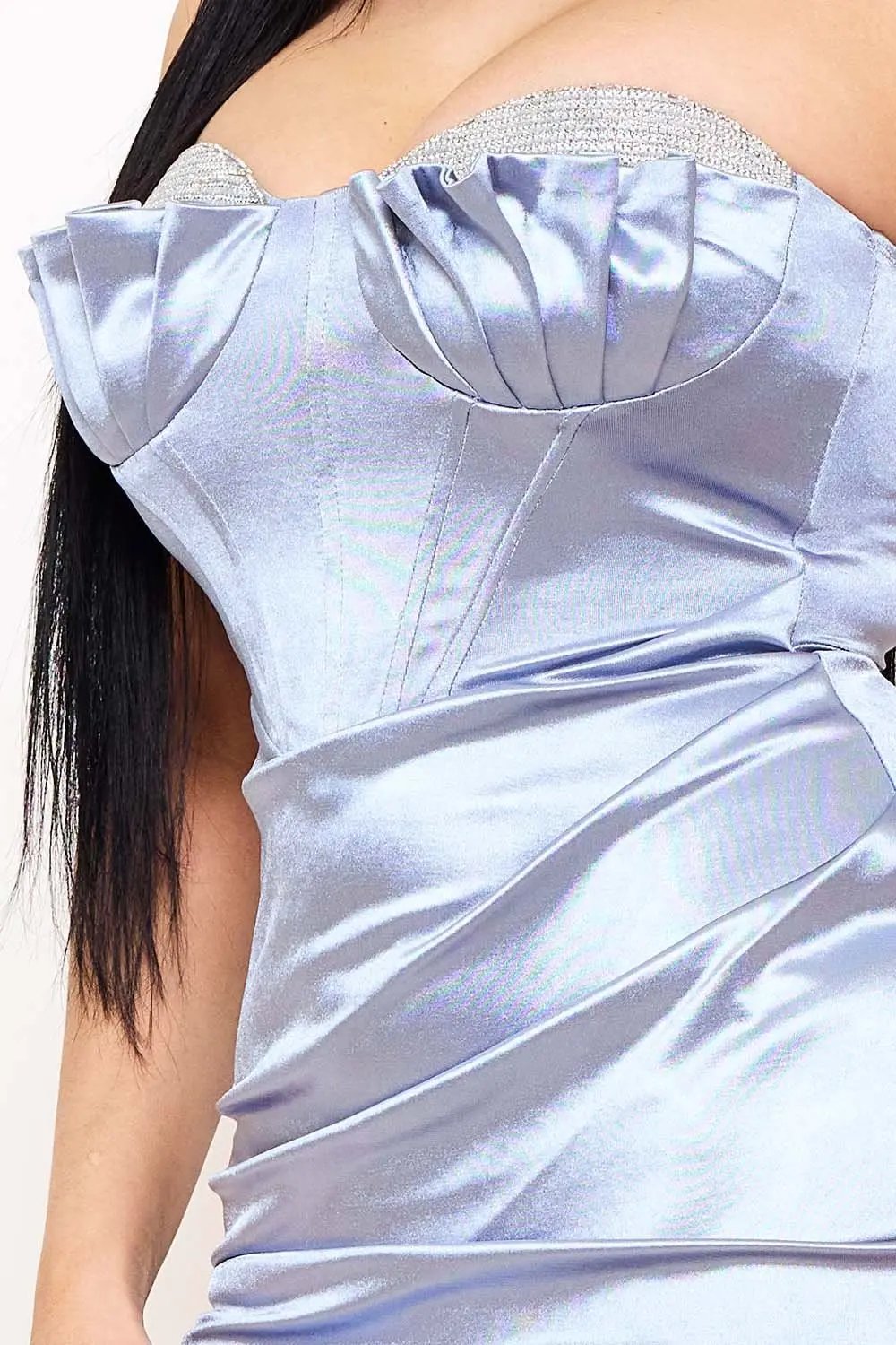 Rhinestone Satin Maxi Dress – Pleated Cup Evening Gown With Boning Waist Detail BOUTINIE