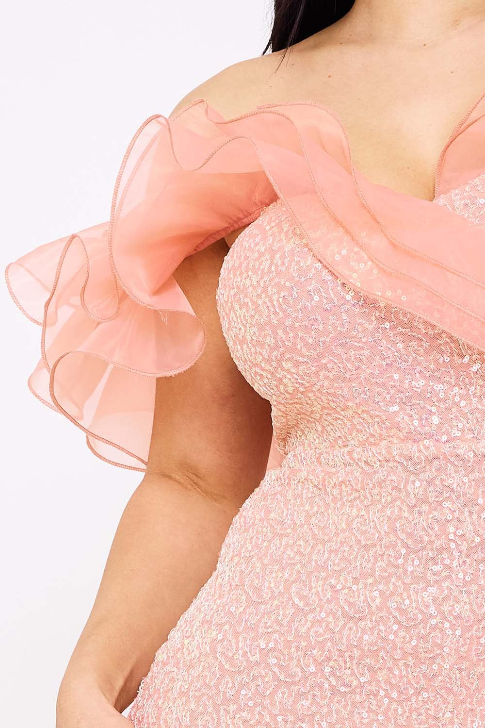 Peach sequin formal dress with off-shoulder organza ruffle sleeves, perfect for weddings or special occasions.