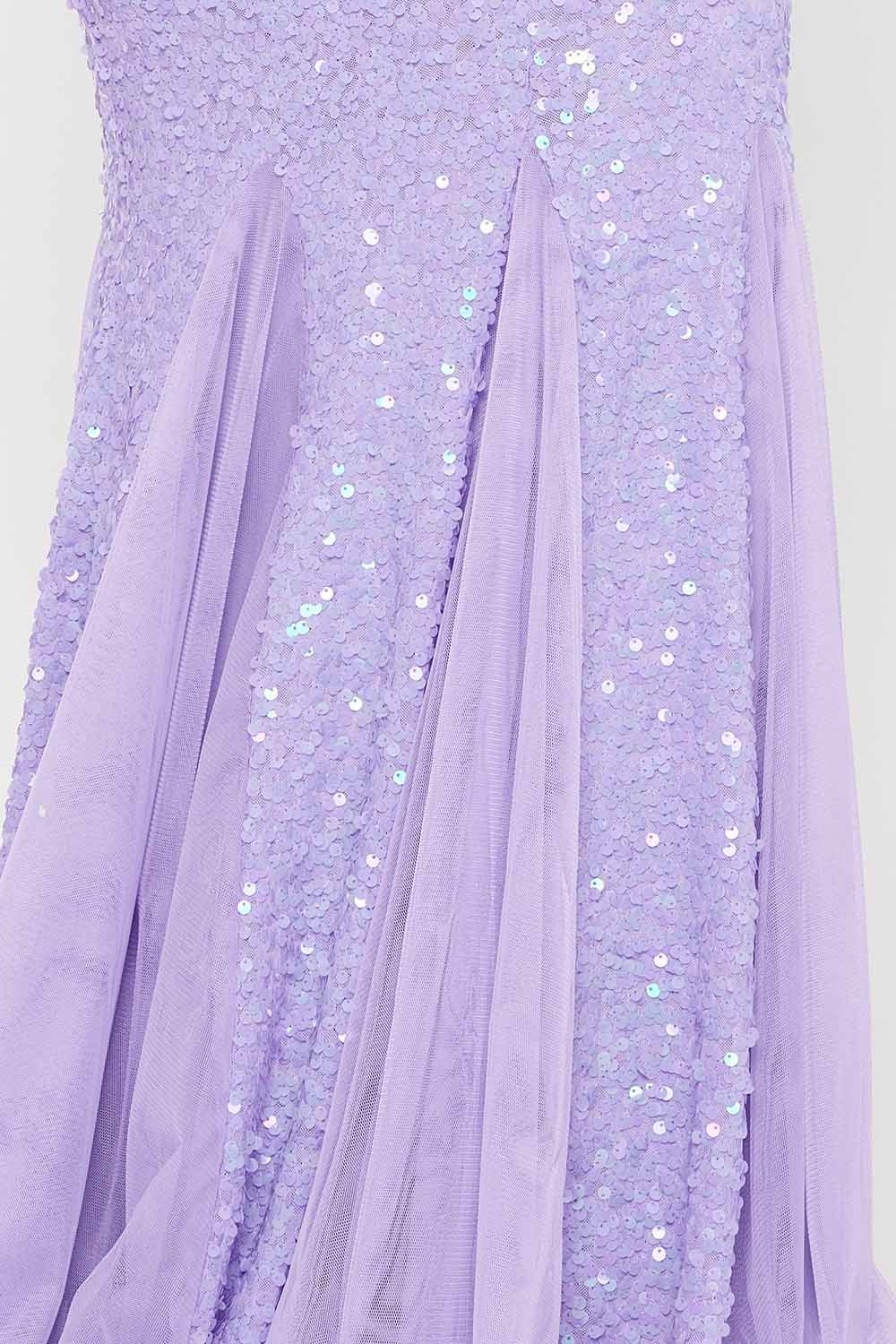 Boutinie lavender sequin formal dress with pleated tulle inserts, perfect for evening wear or prom.