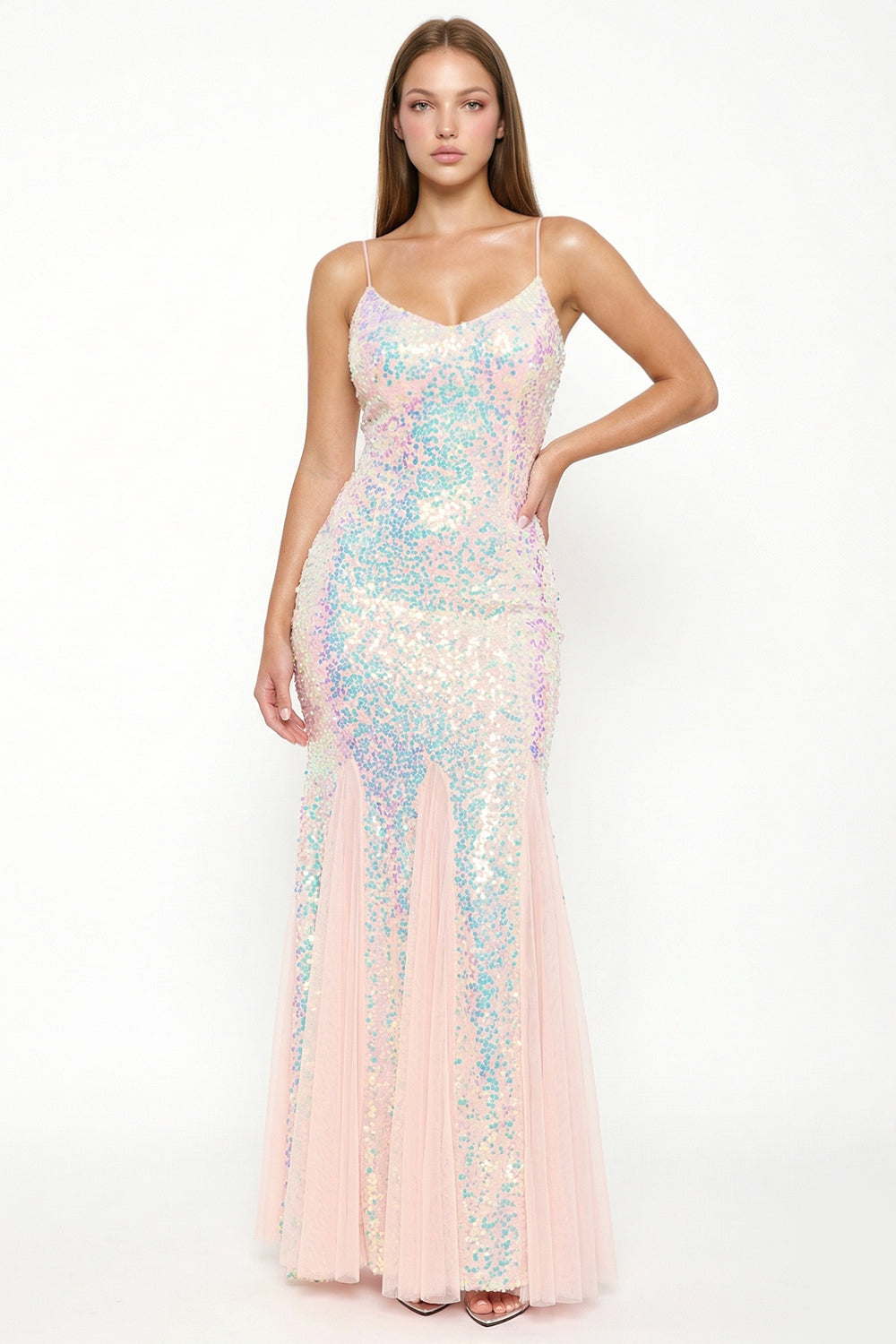 Boutinie iridescent sequin mermaid gown with spaghetti straps, sweetheart neckline, and a flowing tulle hem for formal.