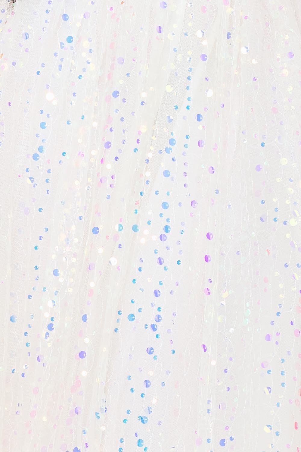 White tulle fabric with iridescent, sparkling sequins, perfect for a glamorous special occasion dress by Boutinie.