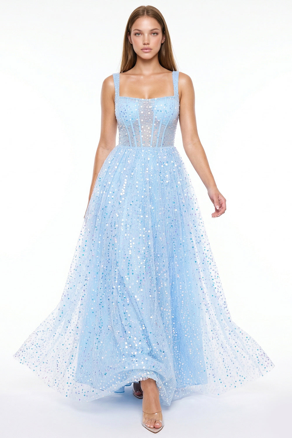 Light blue sleeveless corset prom dress in sequin-embellished tulle with a square neckline and full A-line skirt.