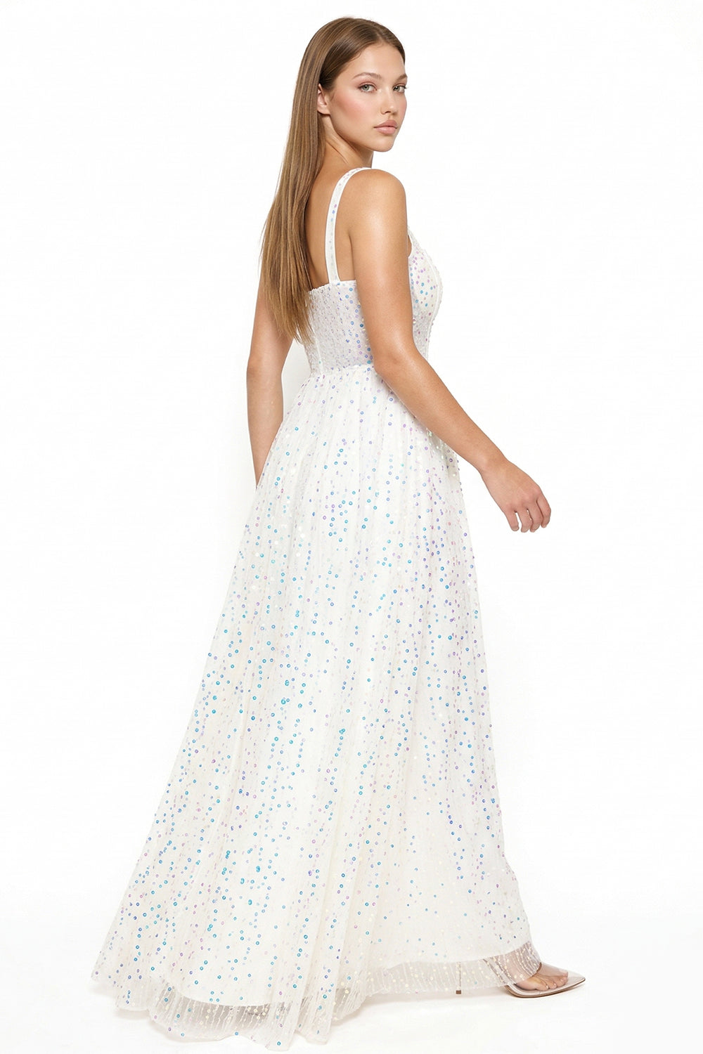 White sequin A-line evening gown with thick straps and sweetheart neckline, perfect for formal occasions at Boutinie.
