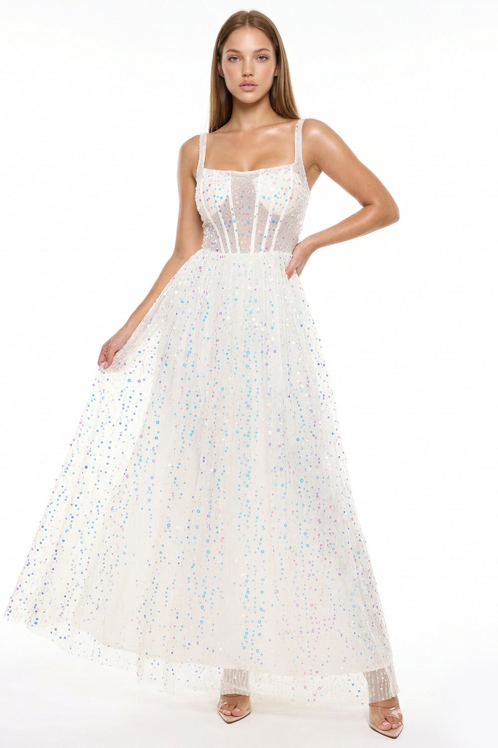 White corset-style maxi dress with iridescent sequins, square neckline, and tulle skirt for formal occasions.