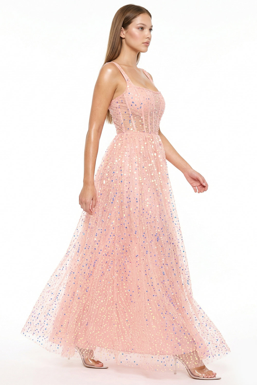 Boutinie pink sequin maxi dress featuring a corset bodice, square neckline, and sleeveless tulle A-line silhouette.