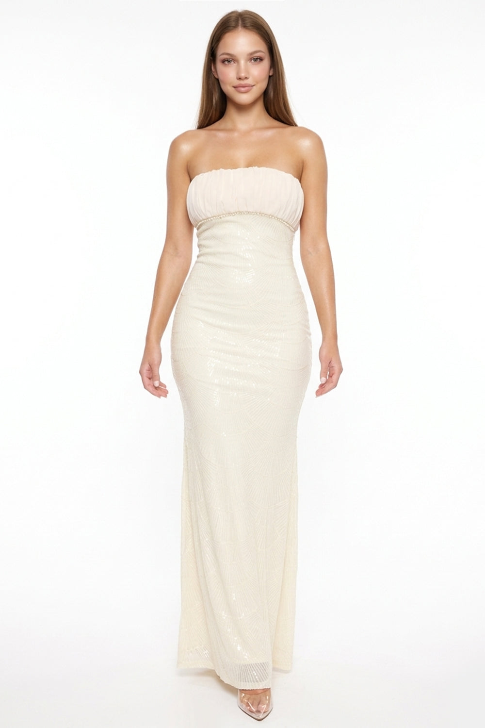 Boutinie strapless cream sequin evening gown with a ruched bodice and slim-fit silhouette.