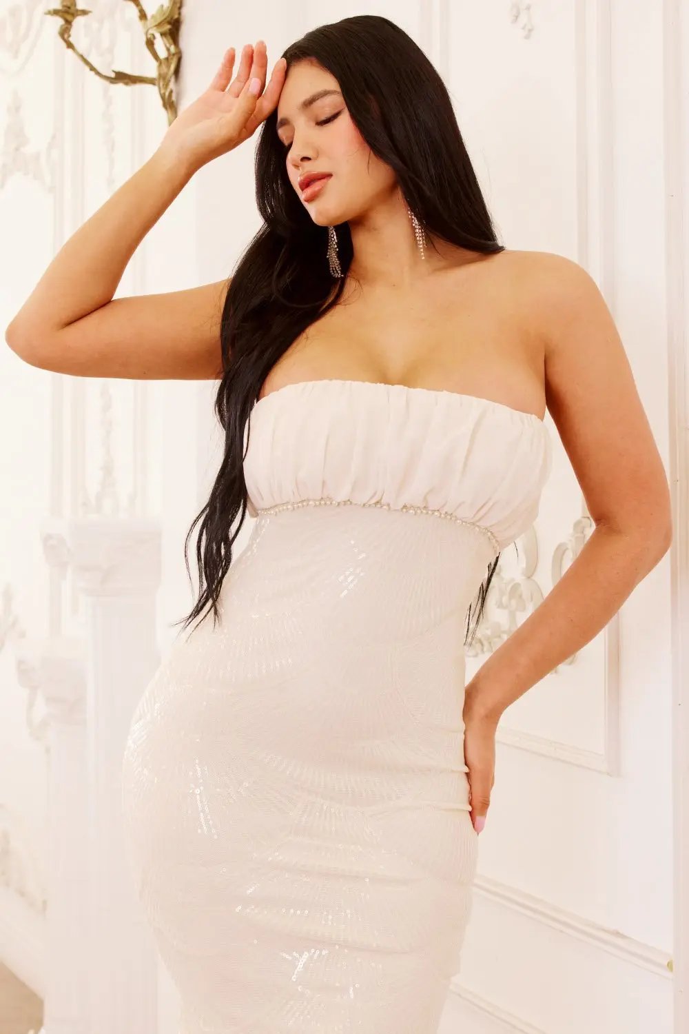 Sequin Mesh Maxi Dress - Mermaid Silhouette Gown With Beaded Tube Top BOUTINIE