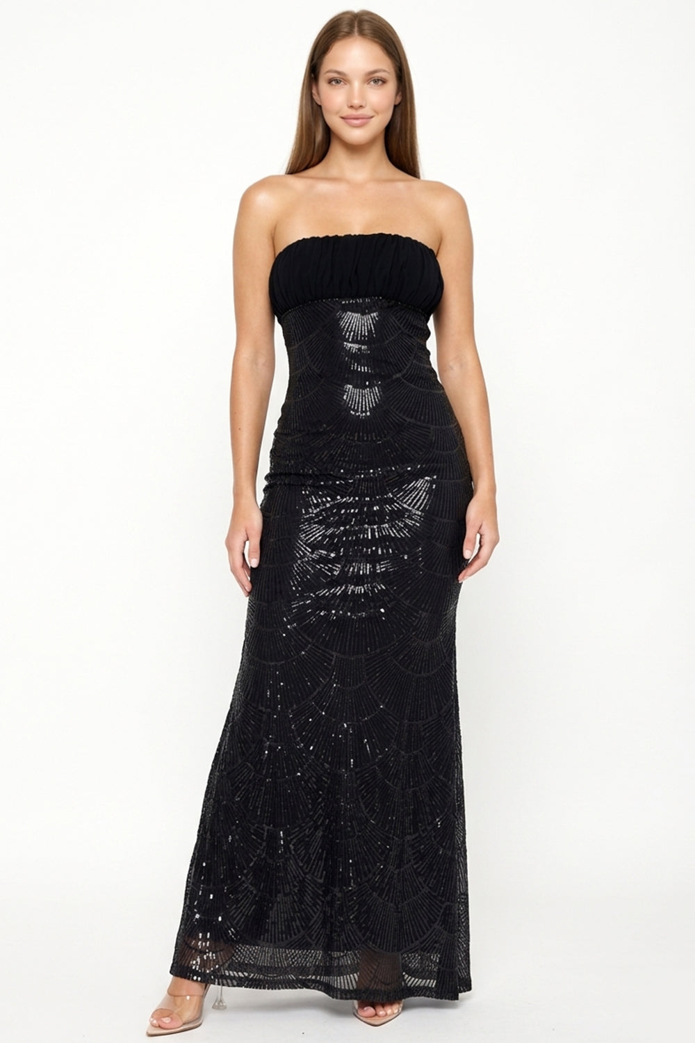 Boutinie black strapless sequin maxi gown with geometric art deco patterns for formal evening events.