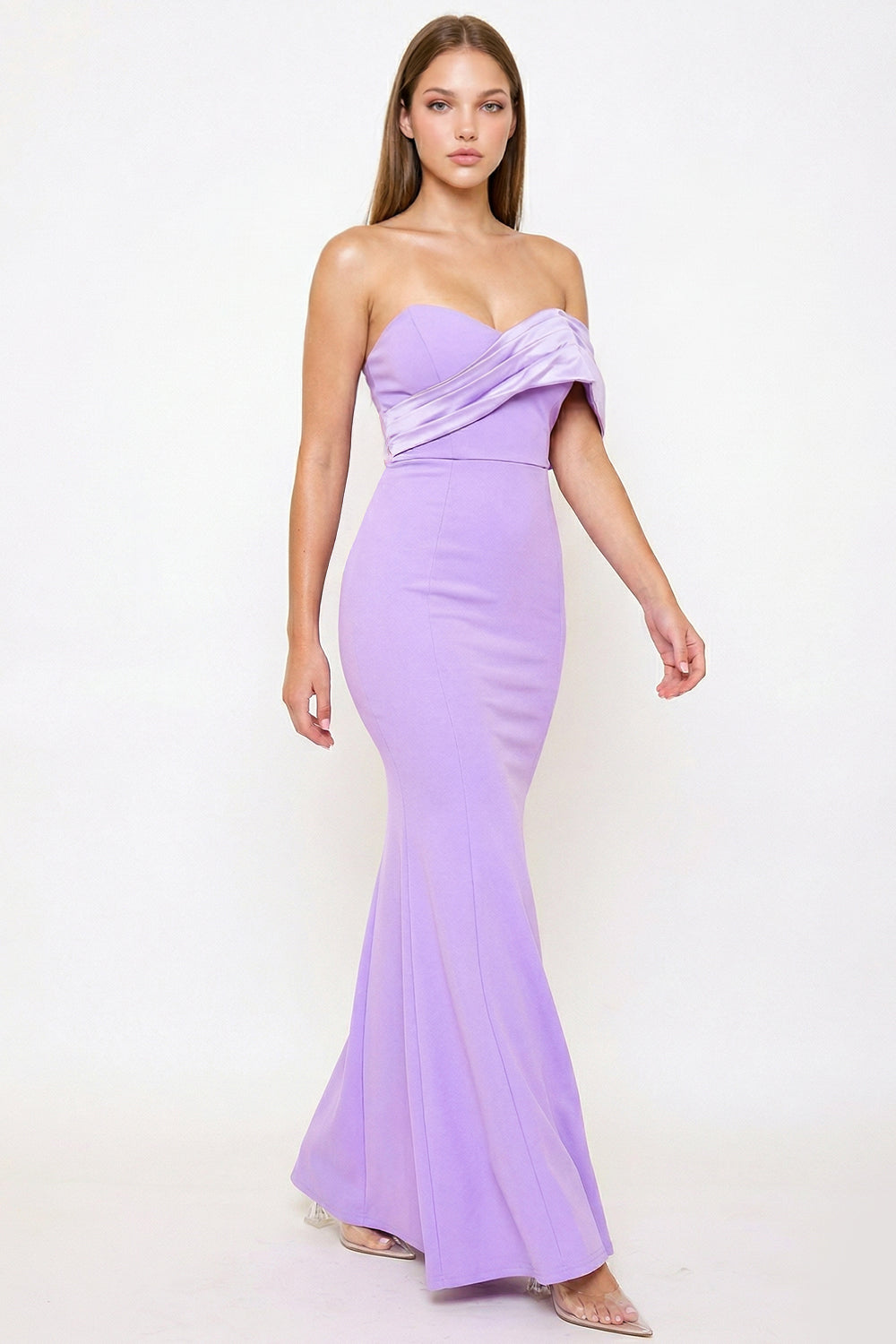 Lilac strapless mermaid evening gown with draped satin bodice detail from Boutinie for formal occasions.