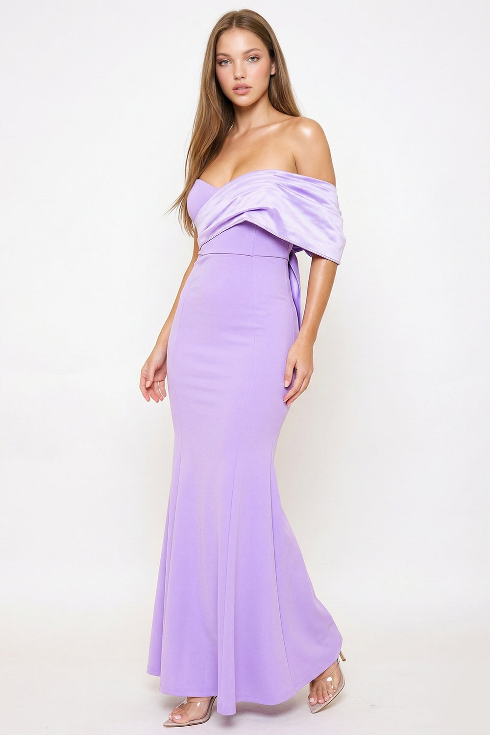 Lavender off-the-shoulder mermaid gown with draped satin bodice detail, perfect for formal evening occasions.