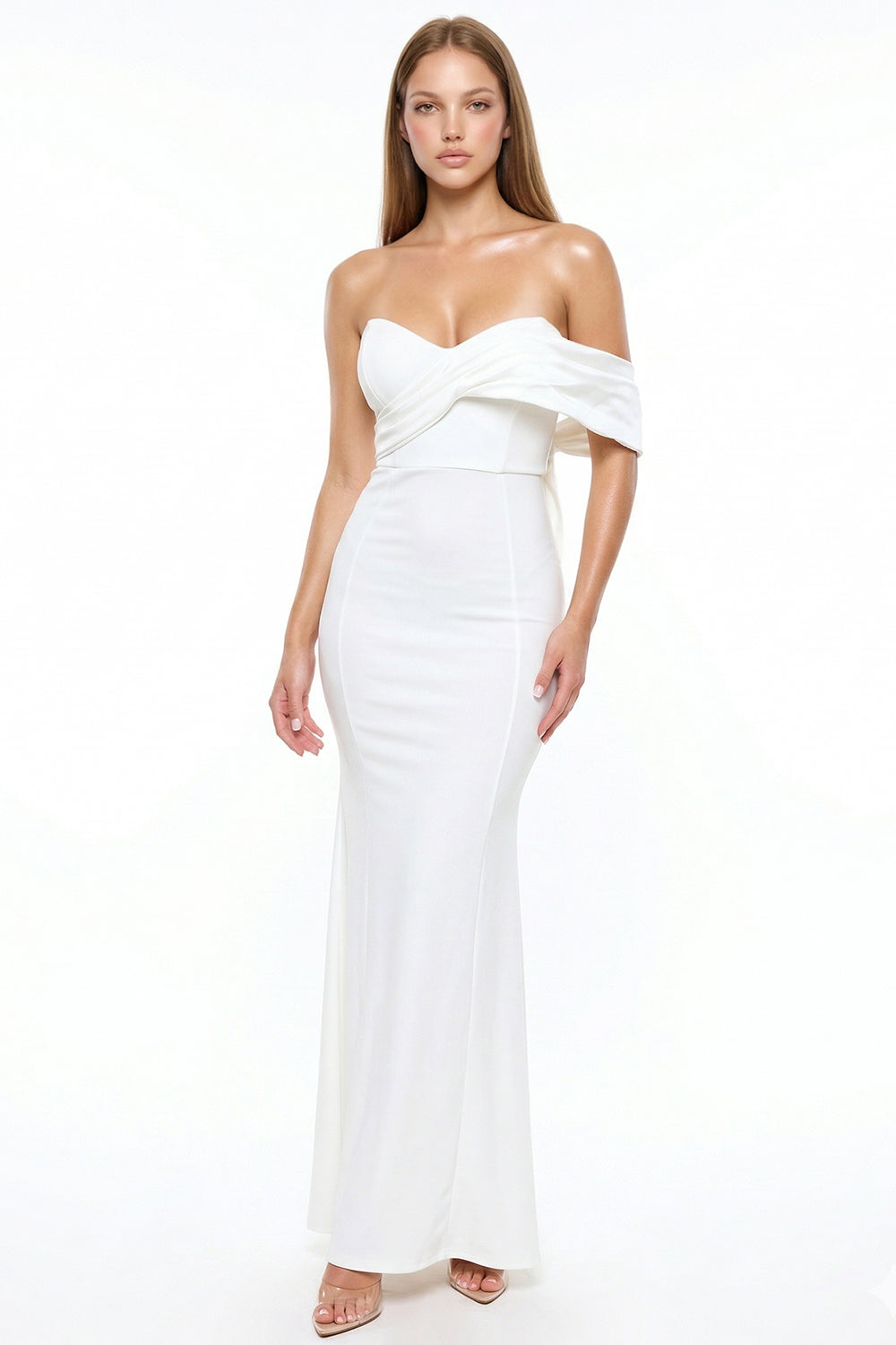 White strapless maxi dress with off-shoulder draped detail for an elegant formal evening look from Boutinie.