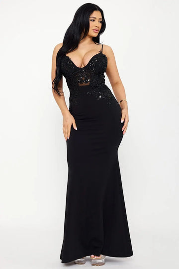 Lace Corset Maxi Dress – Mermaid Silhouette Gown With Adjustable Straps BOUTINIE
