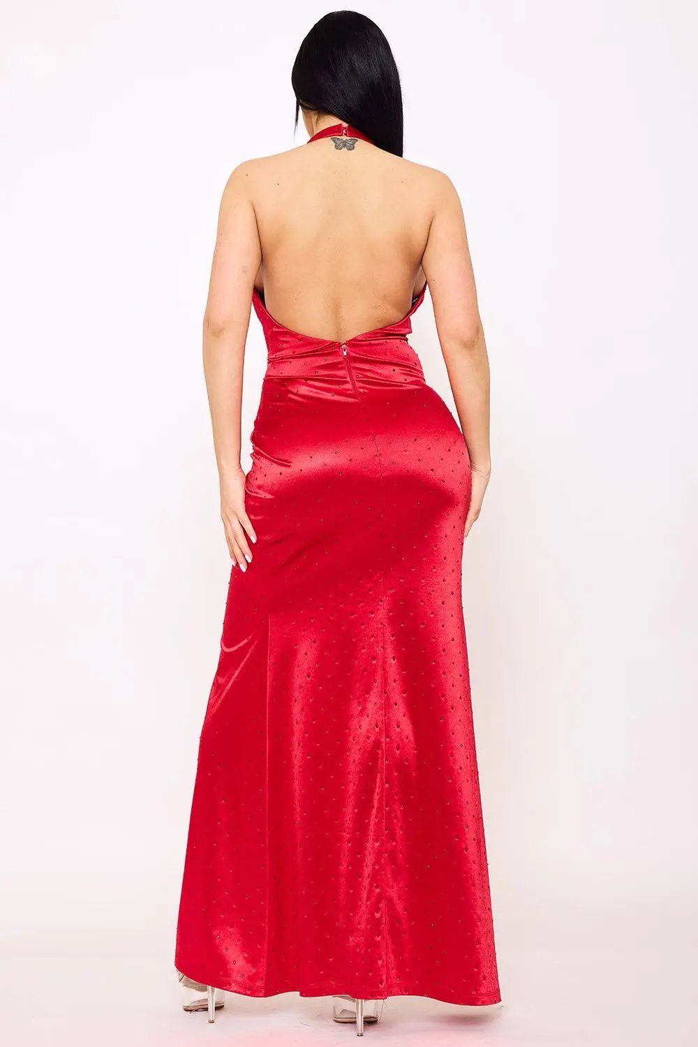 Rhinestone Satin Maxi Dress - Wrap Halter V-Neck Evening Gown BOUTINIE