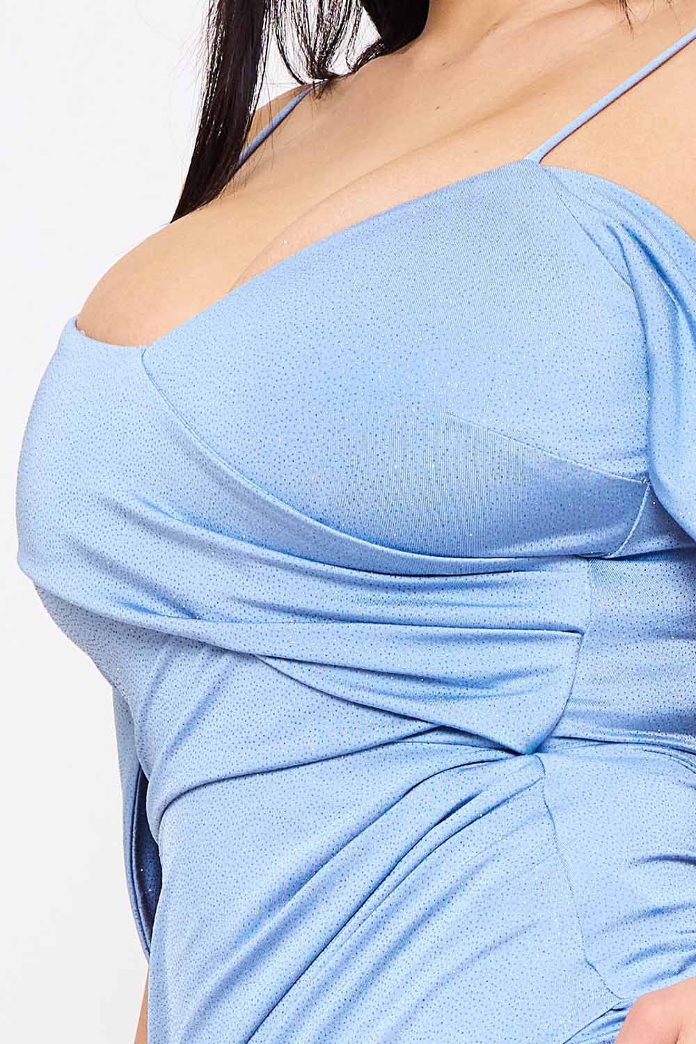 Blue glittery plus size formal dress with a draped wrap neckline, spaghetti straps, and off-shoulder sleeves.