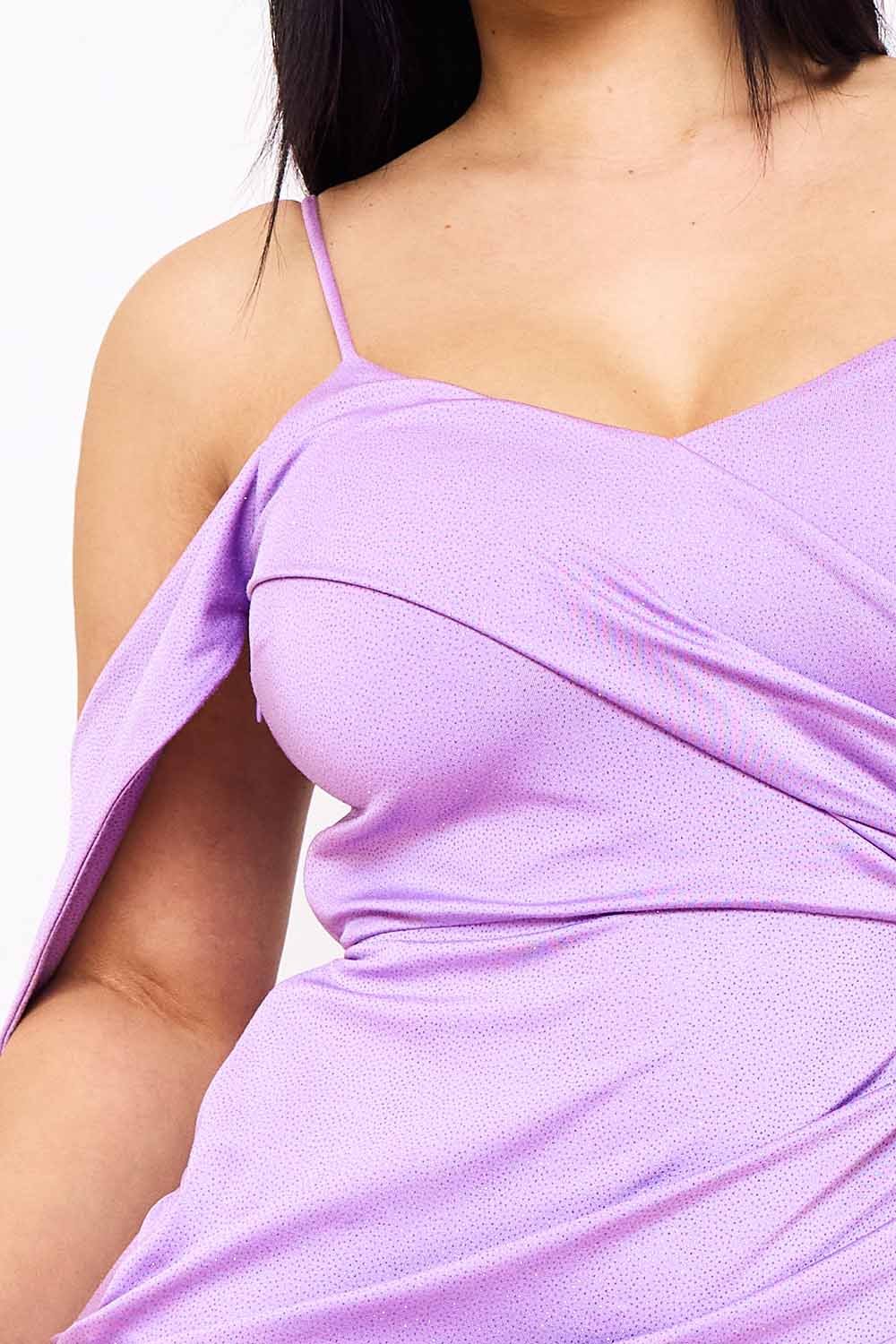 Lilac wrap-front midi dress from Boutinie featuring a sweetheart neckline and elegant cold-shoulder spaghetti straps.