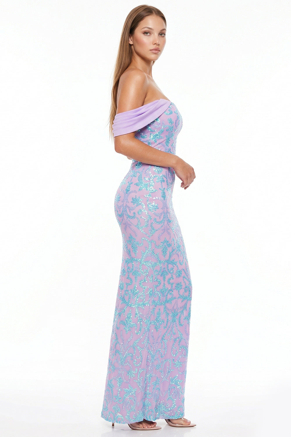 Lavender off-the-shoulder sequin evening gown with blue floral pattern for formal occasions at Boutinie.