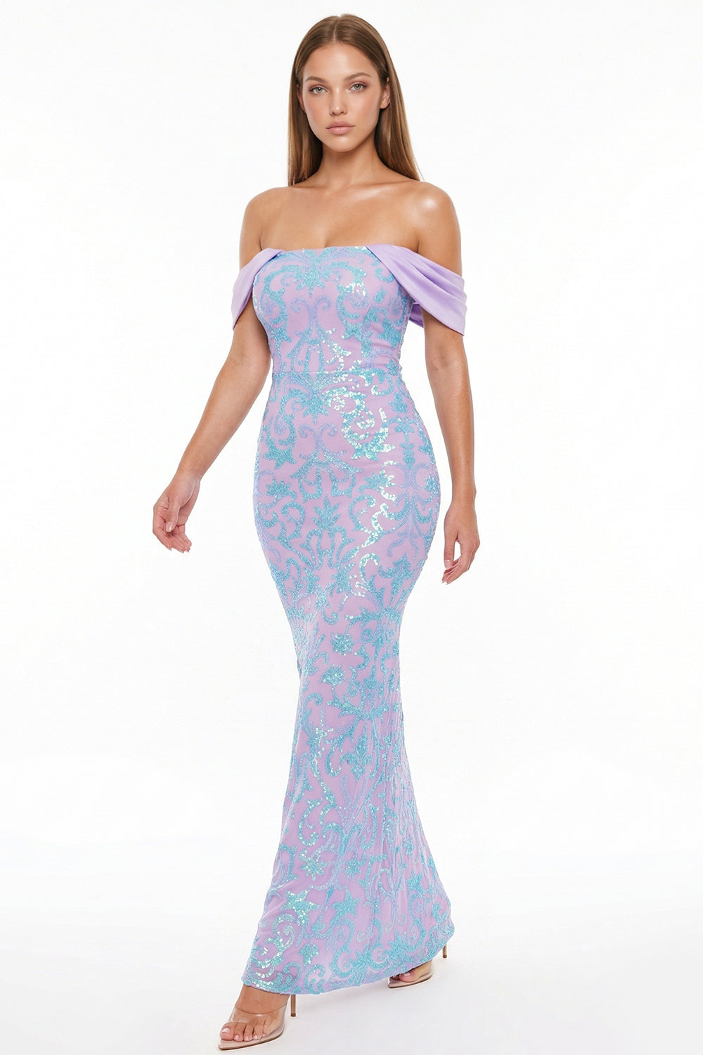 Lavender off-the-shoulder sequin mermaid gown with intricate blue scroll patterns for formal evening events.