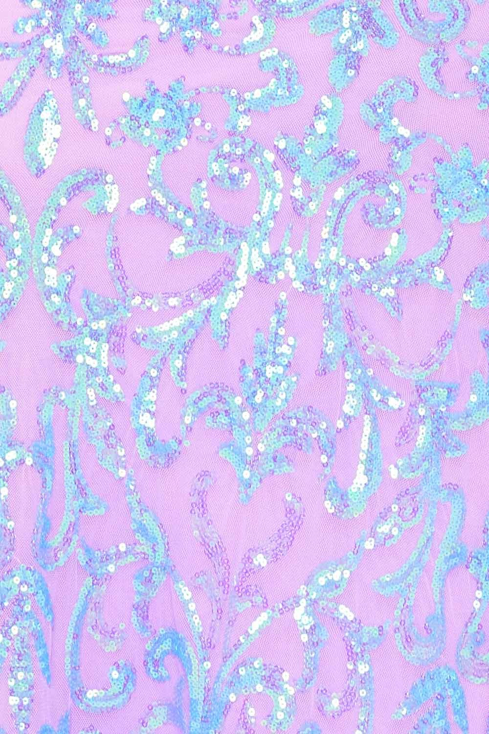 Boutinie light purple mesh fabric with iridescent blue sequin floral embroidery for formal occasion wear.