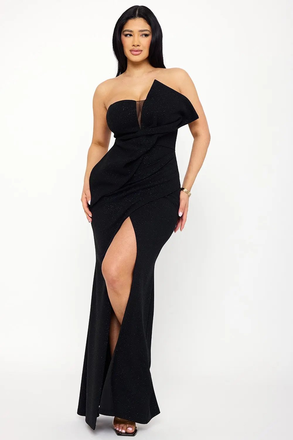 Glitter Maxi Dress – Twist Ribbon Evening Gown With Mesh Slit Design BOUTINIE