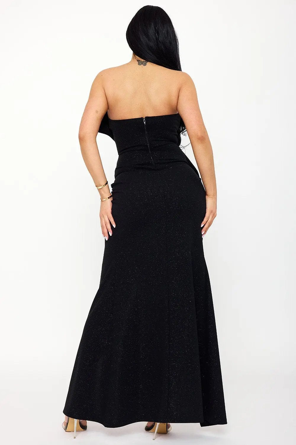 Glitter Maxi Dress – Twist Ribbon Evening Gown With Mesh Slit Design BOUTINIE