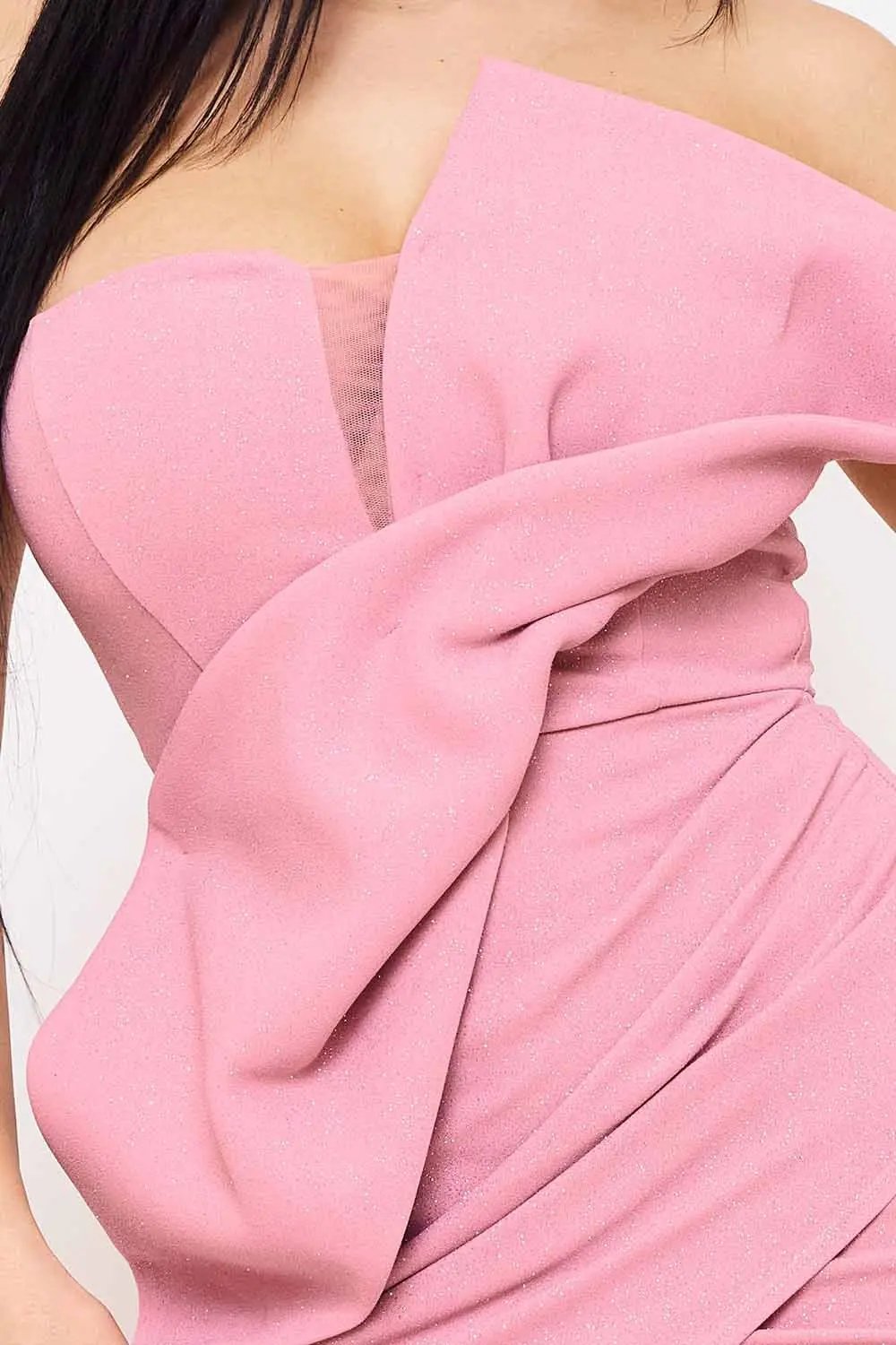 Glitter Maxi Dress – Twist Ribbon Evening Gown With Mesh Slit Design BOUTINIE