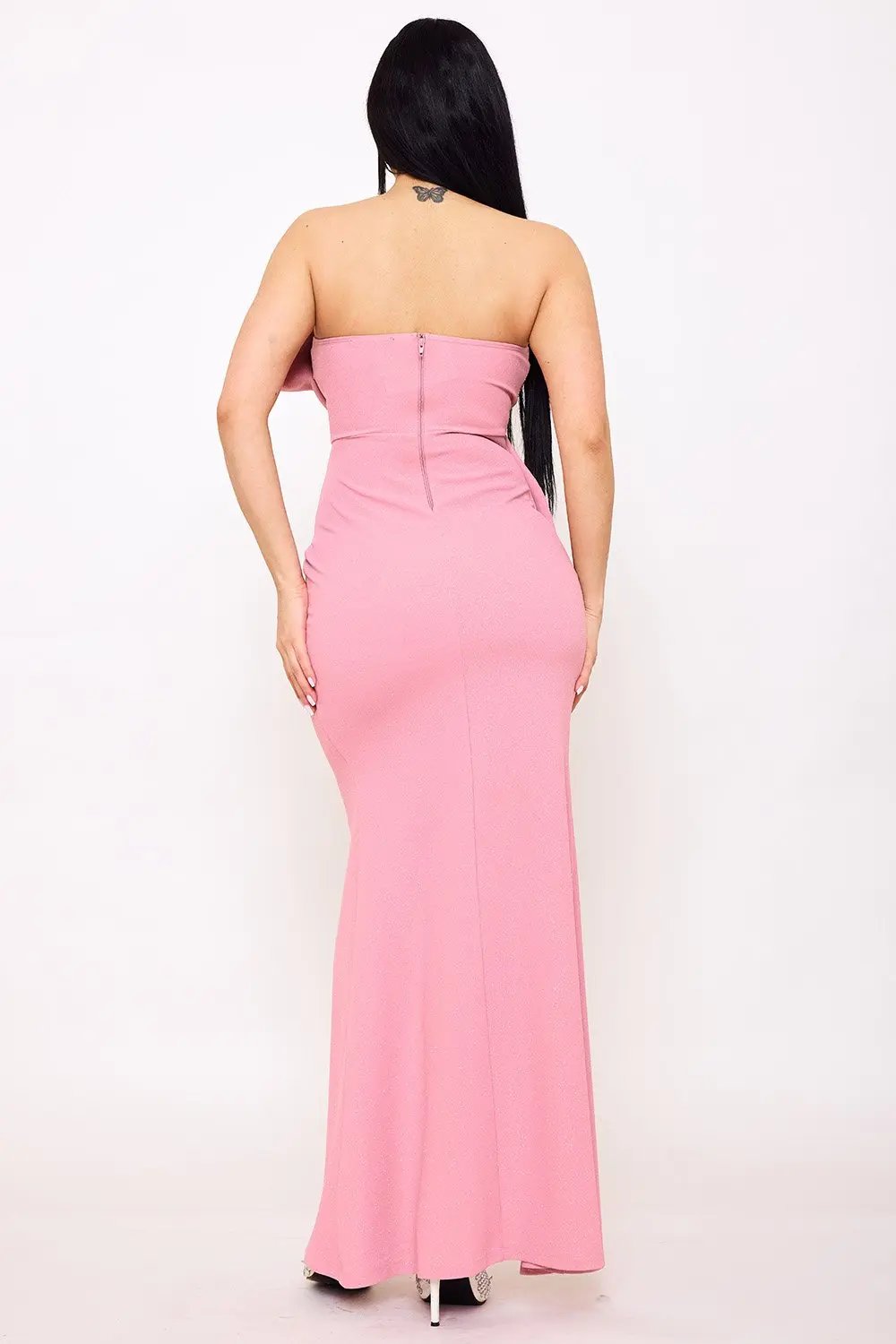 Glitter Maxi Dress – Twist Ribbon Evening Gown With Mesh Slit Design BOUTINIE