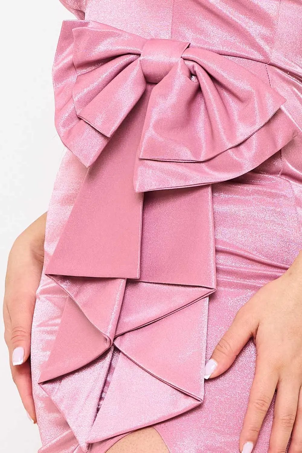 Metallic Maxi Dress With Bow Waist - Mermaid Silhouette Evening Gown BOUTINIE