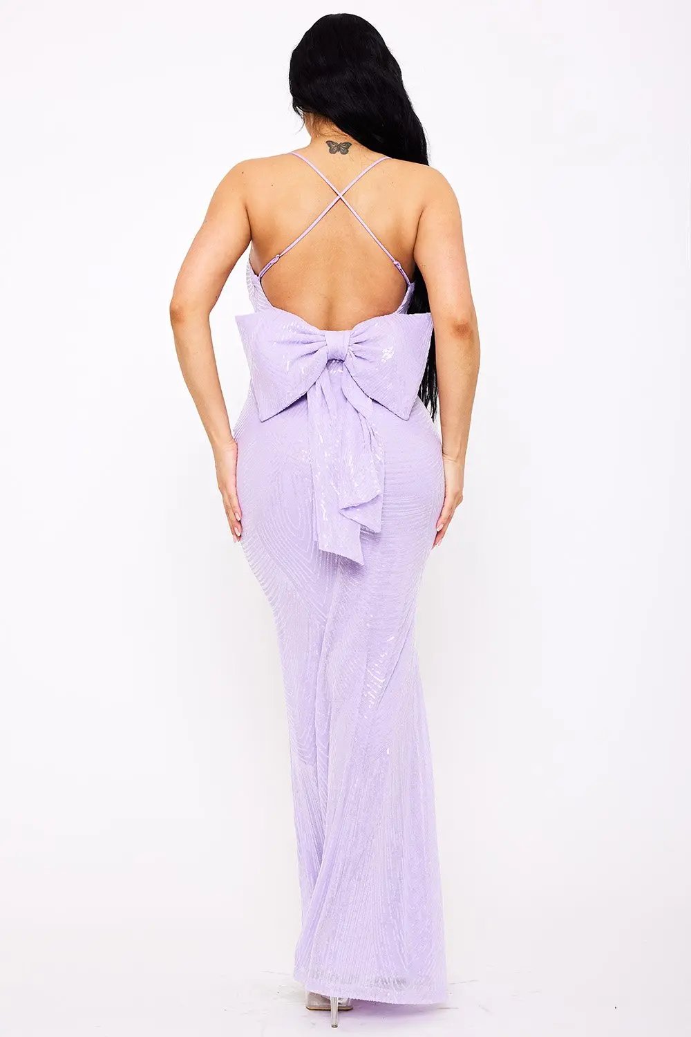 Sequin Maxi Dress – Mermaid Silhouette With Large Bow Back & Adjustable Straps BOUTINIE