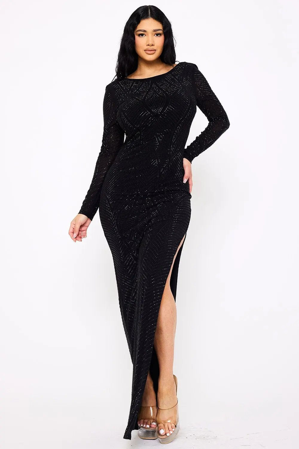 Rhinestone Studded Maxi Dress – Long Sleeve, Side Slit Formal Gown BOUTINIE