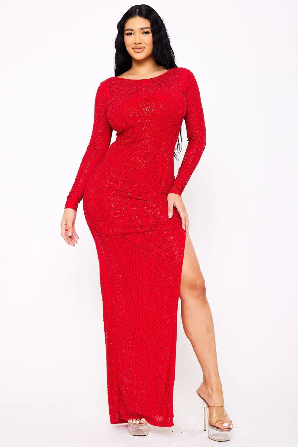 Rhinestone Studded Maxi Dress – Long Sleeve, Side Slit Formal Gown BOUTINIE