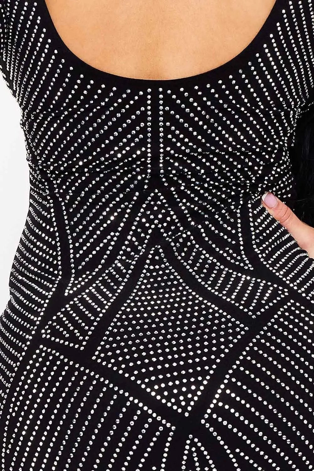 Rhinestone Studded Maxi Dress – Long Sleeve, Side Slit Formal Gown BOUTINIE
