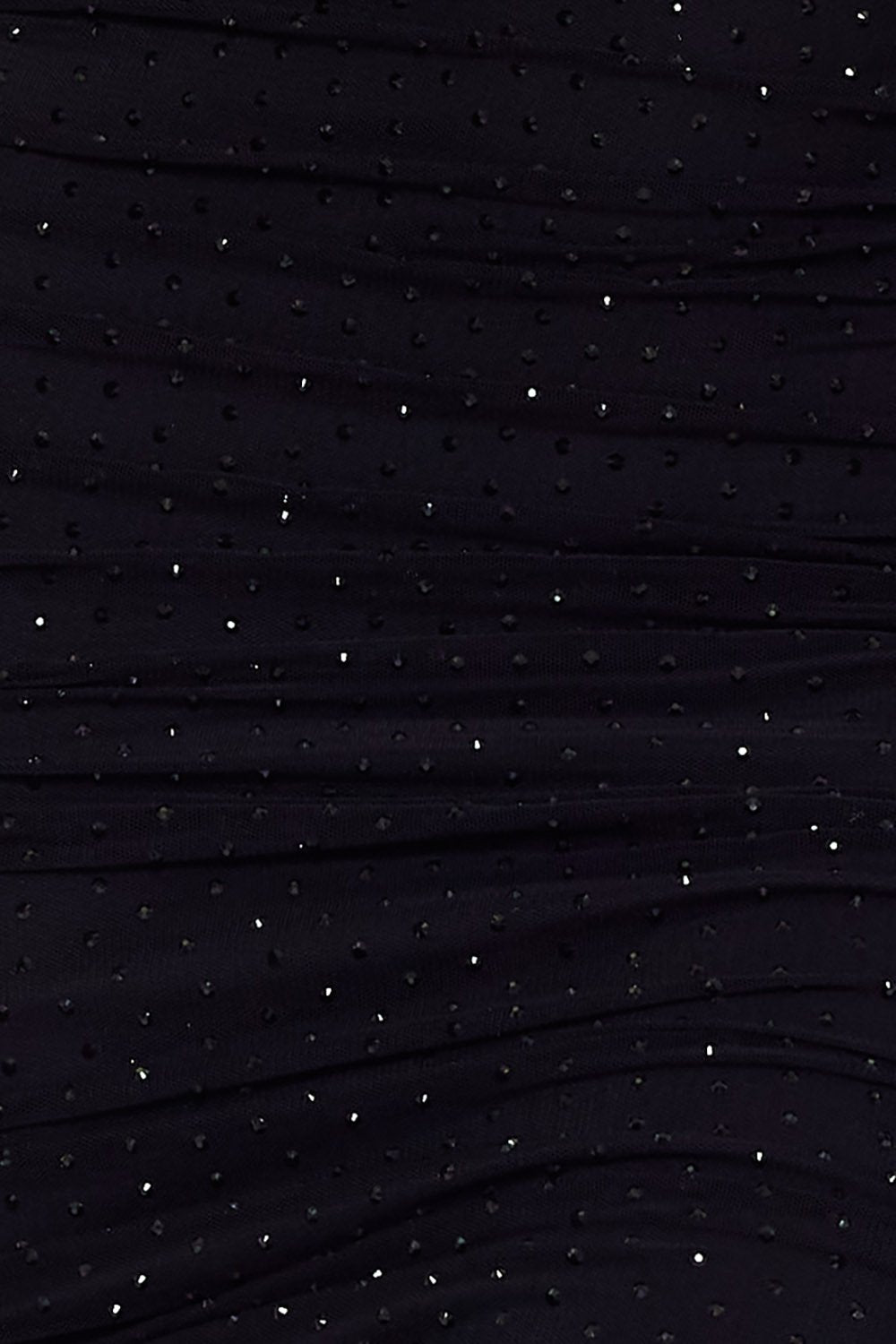 Close-up of black ruched formal fabric embellished with sparkling crystals, perfect for an evening gown by Boutinie.