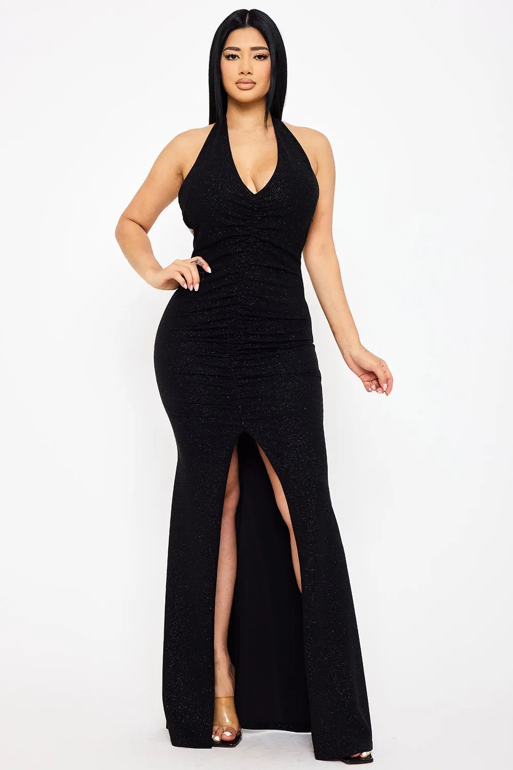 Glitter Halter Maxi Dress - Mermaid Silhouette Evening Gown BOUTINIE