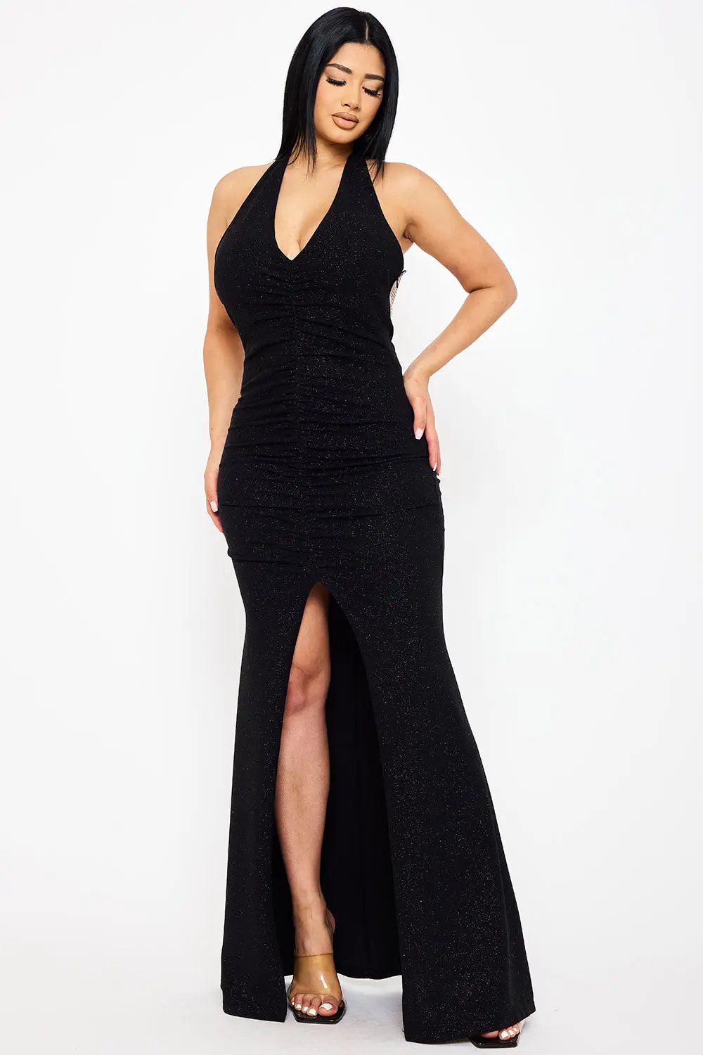 Glitter Halter Maxi Dress - Mermaid Silhouette Evening Gown BOUTINIE