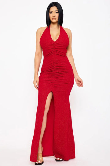 Glitter Halter Maxi Dress - Mermaid Silhouette Evening Gown BOUTINIE