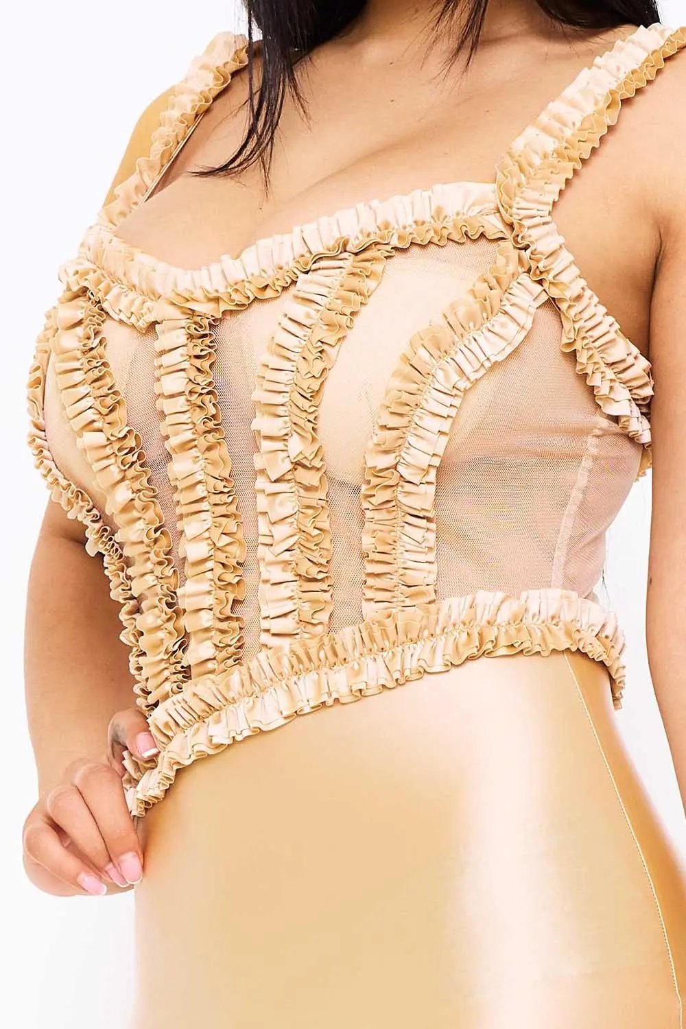 Satin Sheer Maxi Dress - Mermaid Silhouette Gown With Ruffle Trim Detail BOUTINIE