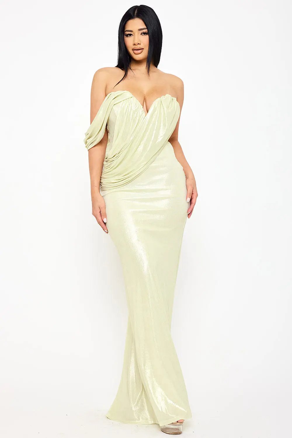 One Shoulder Maxi Dress – Elegant Draped Detail Gown With Pleated Trail Tail BOUTINIE