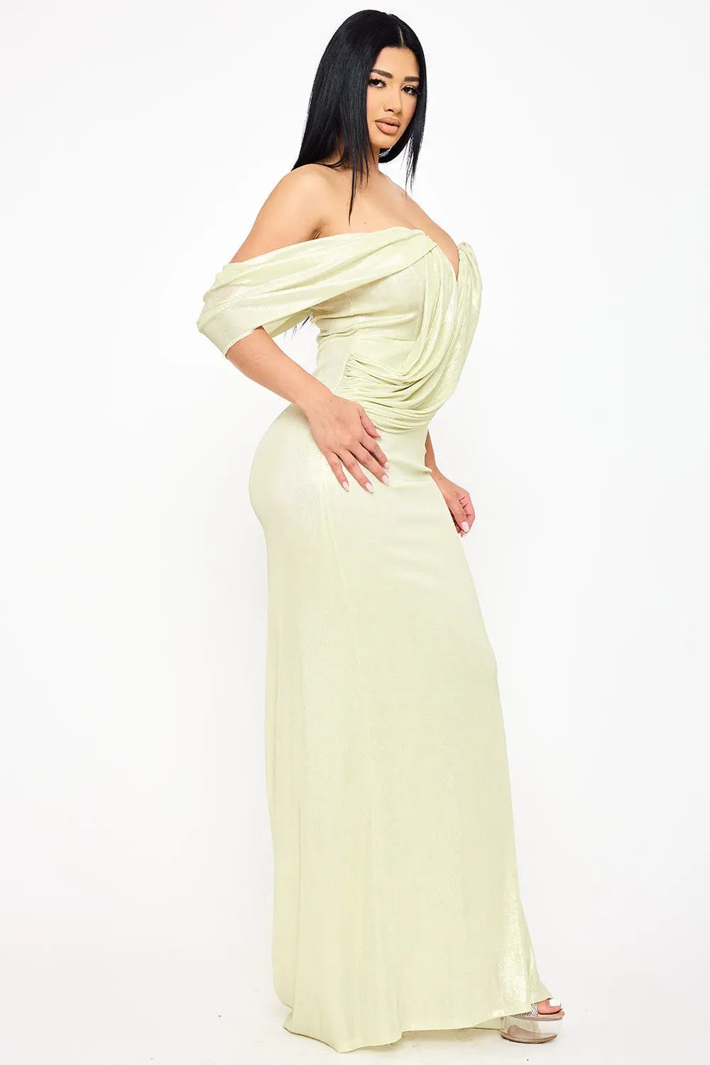 One Shoulder Maxi Dress – Elegant Draped Detail Gown With Pleated Trail Tail BOUTINIE