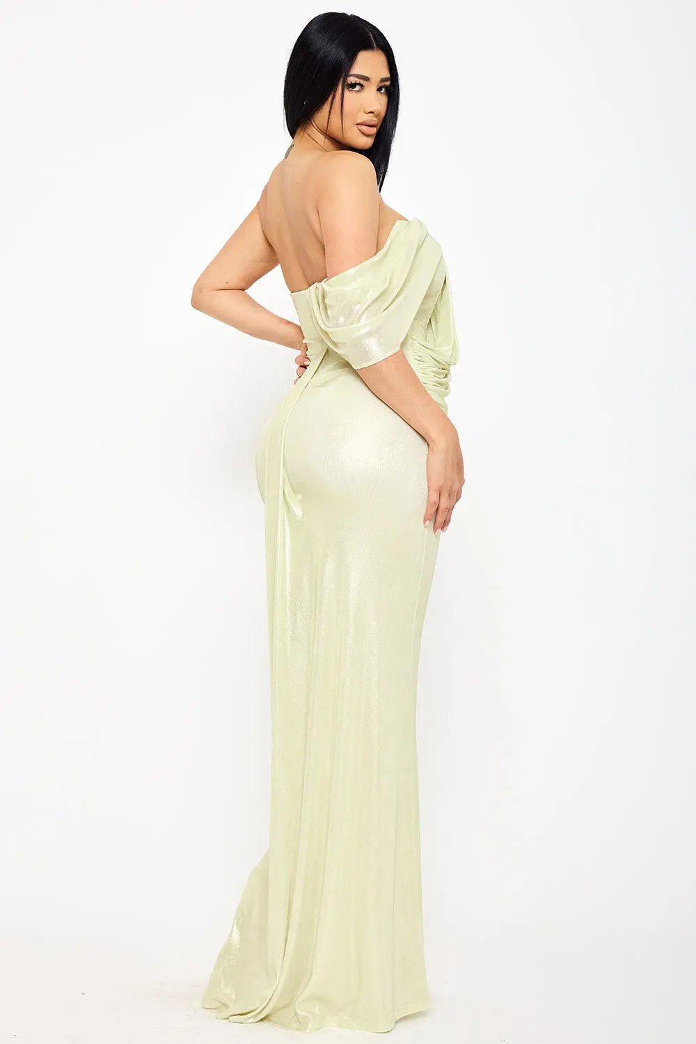 One Shoulder Maxi Dress – Elegant Draped Detail Gown With Pleated Trail Tail BOUTINIE
