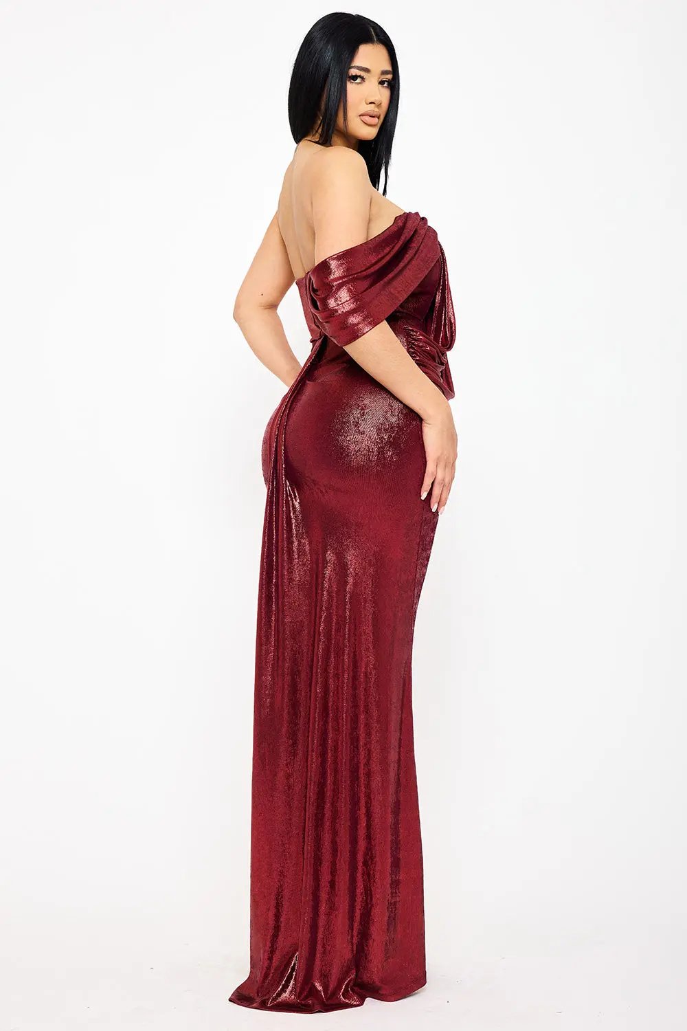 One Shoulder Maxi Dress – Elegant Draped Detail Gown With Pleated Trail Tail BOUTINIE