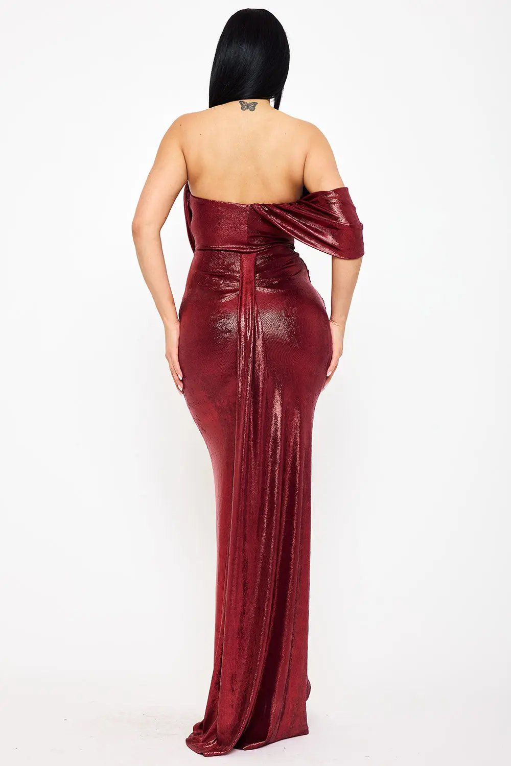One Shoulder Maxi Dress – Elegant Draped Detail Gown With Pleated Trail Tail BOUTINIE