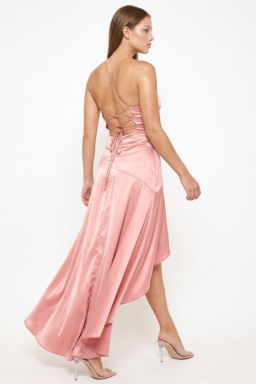 Boutinie pink satin high-low formal dress with a lace-up back and sleeveless design.