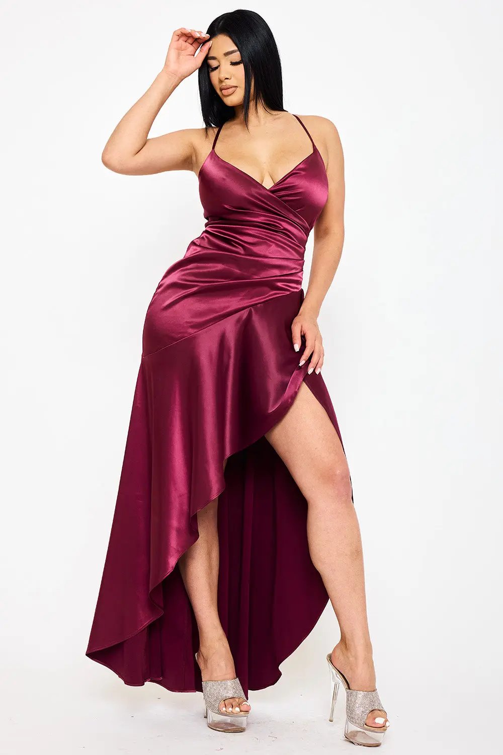 Satin Maxi Dress - Ruffle Hi-Low Evening Gown With Pleated Waist BOUTINIE